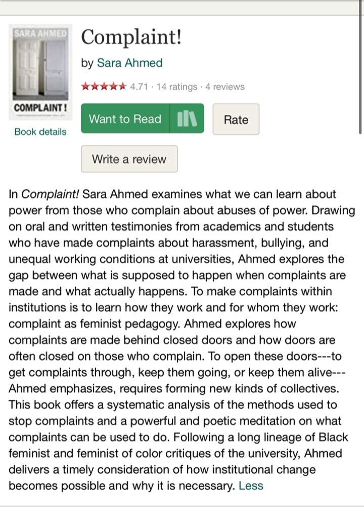 @BBCSangita @AshieduJoel @AzeemRafiq30 @TellMamaUK @Bushra1Shaikh @SaraNAhmed is so good in expanding this process, in her book on complaint, she really gets to the heart of why we don’t speak up, “ when you complain, you become the complaint “
goodreads.com/book/show/5660…