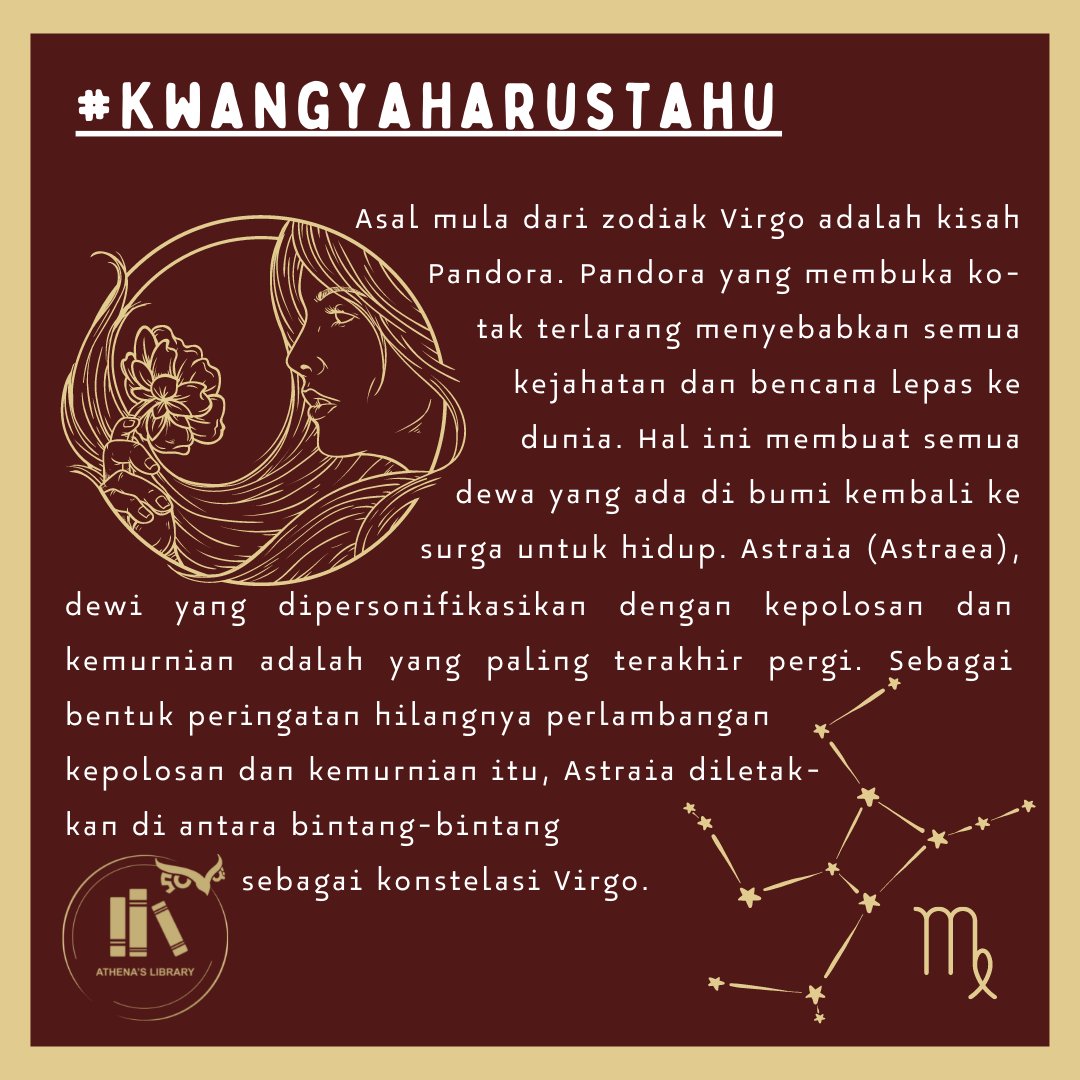 libraryofathena's tweet photo. Demigods, tahukah kalian kalau gadis dalam simbol zodiak Virgo adalah jelmaan dari salah satu Dewi Mitologi Yunani? π±
Mau tahu info lengkapnya? Yuk langsung baca #KwangyaHarusTahu hari ini! β
Campers berzodiak Virgo mari unjuk diri!ππ»ββοΈππ»ββοΈ
#FunFactLibthen
#WeFearNothingButMom https://t.co/WjGS3fQHWW