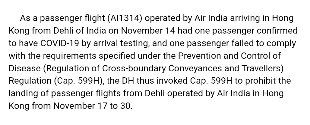 tripperhead's tweet photo. ⚠️

Air India banned from operating passenger flights from Delhi to Hong Kong for 14 days starting today.

Blackout dates: November 17th to 30th https://t.co/36Ln5OlV0h