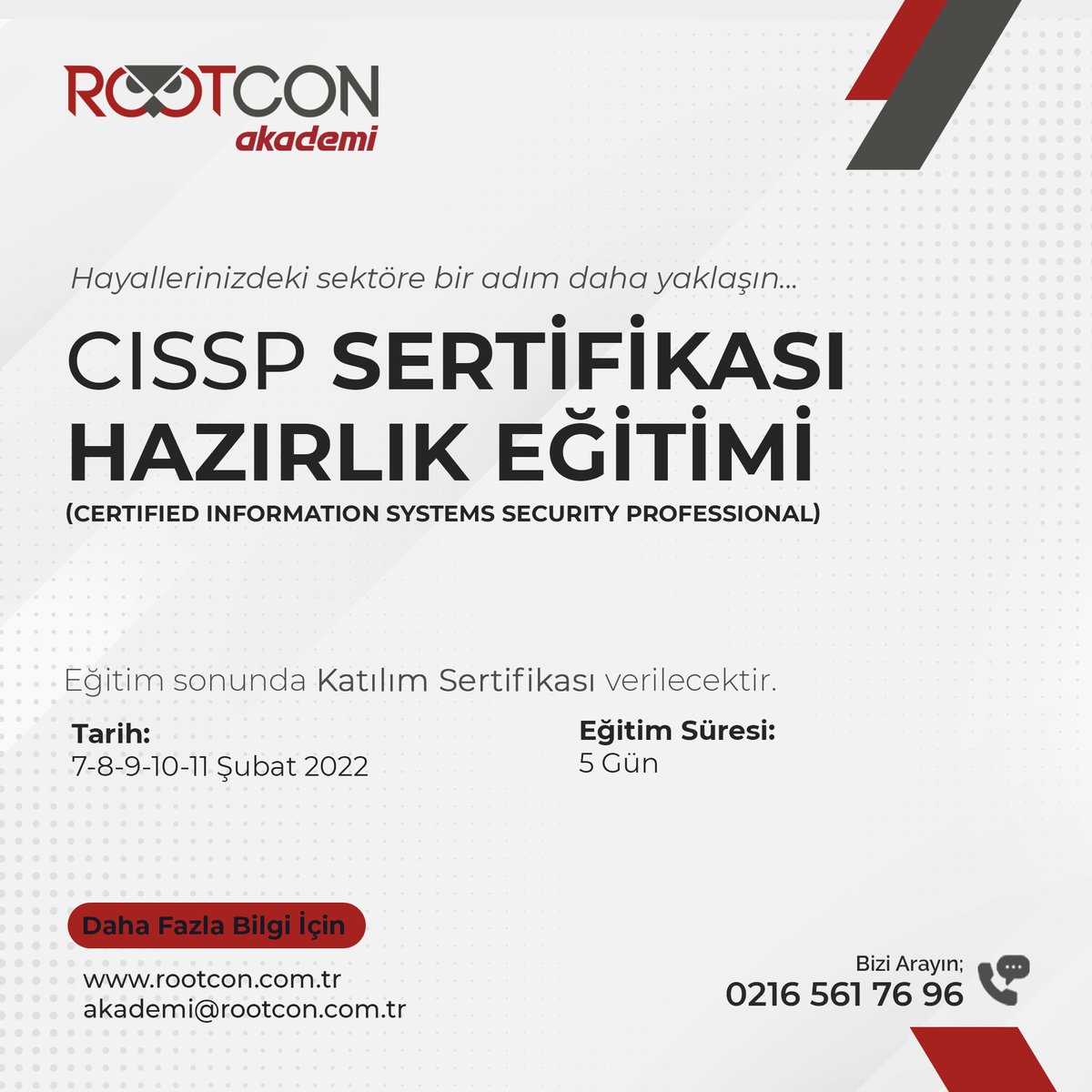 RootconAkademi's tweet photo. CISSP Sertifikası Hazırlık Eğitimi

Tarih: 7-8-9-10-11 Şubat 2022
Eğitim Süresi: 5 Gün

Bilgi almak için;
☎️ 0 216 561 76 96
✉️ akademi@rootcon.com.tr

#rootconakademi #cissp #sertifikahazirlik #egitim #cybersecurity #siberguvenlik https://t.co/TgYFvq7hFW