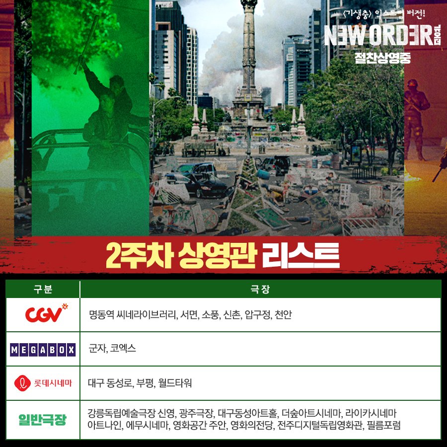 뇌 속까지 흔들리는 강렬한 경험 ㄷㄷ🤯 충격과 공감 모두 잡은 <뉴 오더> 2주차 상영관 안내! ⠀ #디스토피아 #스릴러 #기생충 #익스트림버전 #베니...