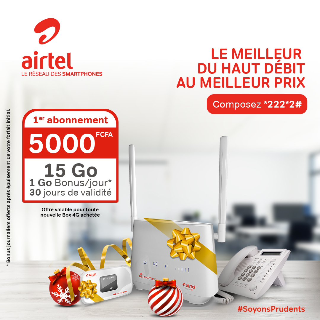 Airtel_GA's tweet photo. C'est Noël avant Noël. Profitez de 15Go à 5000F avec 1Go offert chaque jour si votre forfait s'épuise avant échéance en vous procurant la 4G Pocket Wifi à 24999F ou la 4G Smartbox d'Airtel à 45000F.
Rendez-vous vite dans un point de vente Airtel pour en profiter.
#BOX4G
#Promo https://t.co/FUKUrtMFFa