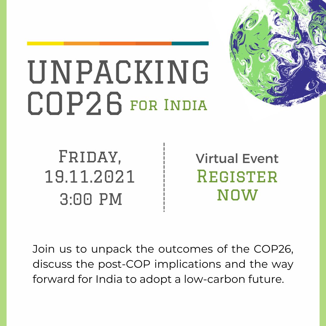 ClimateTrendsIN's tweet photo. This Friday at 3:00 PM, we're unpacking #COP26 for #India with

@EmberClimate's Aditya Lolla
@akhileshmagal of @GERMIRnD
@Sunil_S_Dahiya of @CREACleanAir
@UlkaKelkar, @WRIIndia and 
@Vibhuti_D_Garg of @IEEFA_India
and Climate Trends' @a_khosla

Register >> https://t.co/h47A63fBIU https://t.co/Yi9YNY9mlK