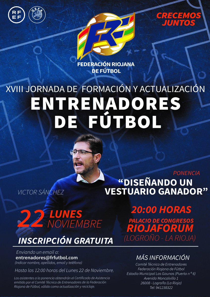 ⚠️ IMPORTANTE‼️ Este lunes 22 de noviembre se celebra la 🎓⚽️ XVIII Jornada de Entrenadores <a href="/fedriojafutbol/">Federación Riojana de Fútbol</a> con un ponente de lujo.

👨‍🏫 <a href="/Victor_SDA/">Víctor Sánchez Del Amo</a> con 'Diseñando un vestuario ganador'.

Entrenadores, tenéis un cita inexcusable. 📝 Inscribíos. ℹ️  en 🔗 frfutbol.com/pnfg/NNws_ShwN…