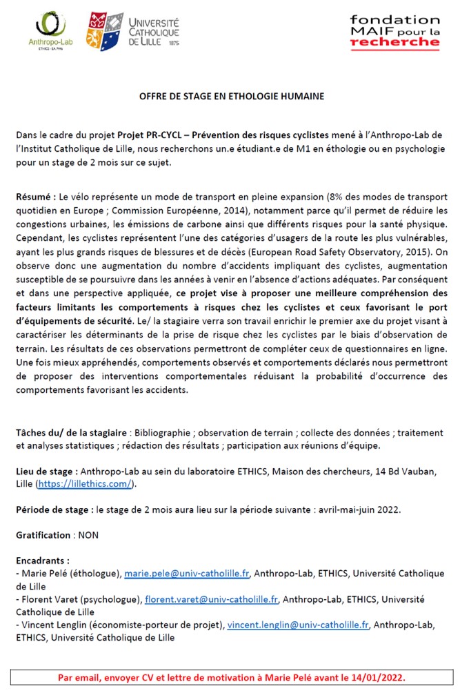🚨OFFRE DE STAGE 🚨

Dans le cadre du projet Projet PR-CYCL – Prévention des risques cyclistes 🚲 mené à l’<a href="/Anthropolab/">Anthropo-Lab</a> du labo @ethicsEA7446, avec @FondationMAIF, nous recherchons des étudiant.e.s de M1 en #éthologie ou en #psychologie pour un stage de 2 mois sur ce sujet👇