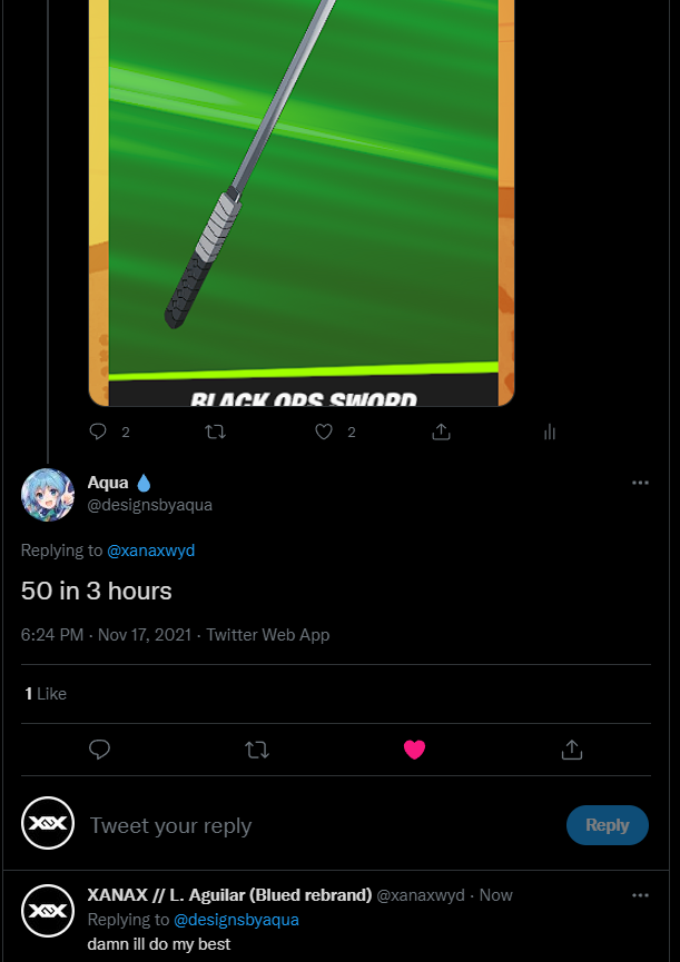 l0otA1's tweet image. 50 likes in 3 hours and @designsbyaqua will gift me black ops sword