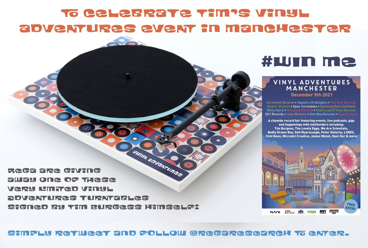 Retweet for a chance to #WIN We are giving away one of these very limited #VinylAdventures Rega #turntables. It will be signed by @Tim_Burgess Both Tim and the illustrator @GailMyerscough will be giving one away too. Winner chosen from our followers on Monday 6th December! #rega