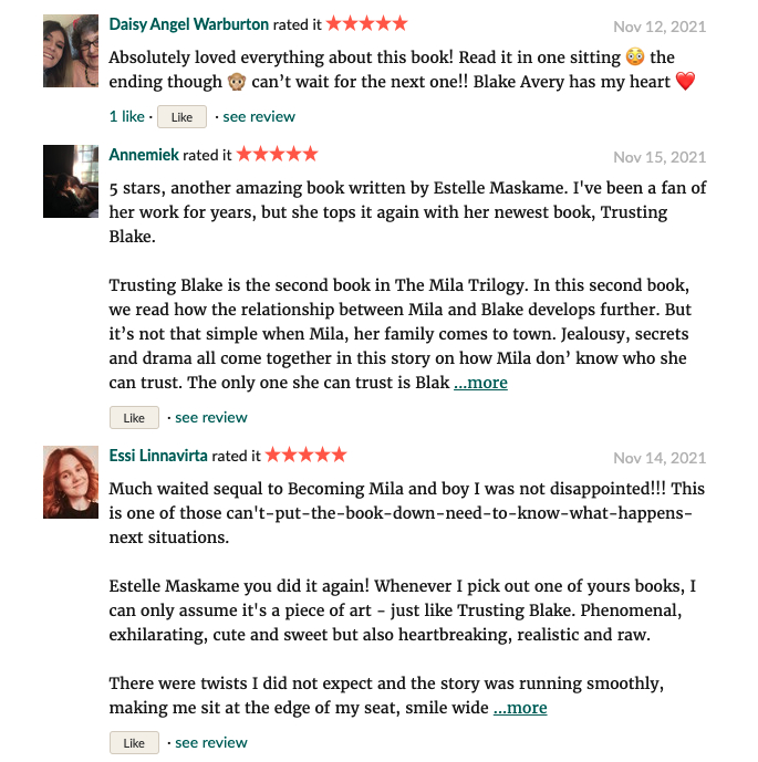 inkroadbooks's tweet photo. Whoop! The first reviews of #TrustingBlake are up on #Goodreads, and they are faaaabulouso! ππ
Thank you so much to everyone who's posted - we love to hear your thoughts, do keep them coming πππβ€οΈ
https://t.co/jk1y9PIhyb https://t.co/3C3yyj05lL