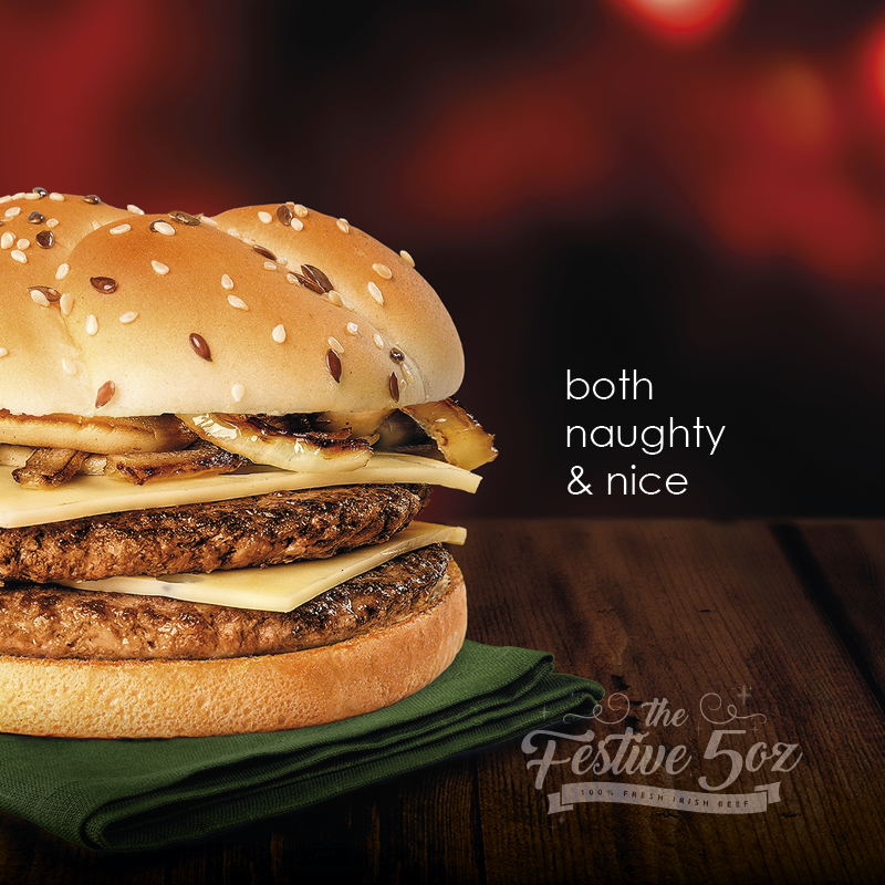 Our famous Festive 5oz burger is BACK! Premium, 100% Irish beef, cooked to order and topped with caramelised onion, mushroom, Swiss cheese and light peppercorn mayonnaise, served in a freshly baked kaiser bun. Download our app or visit supermacs.ie to order