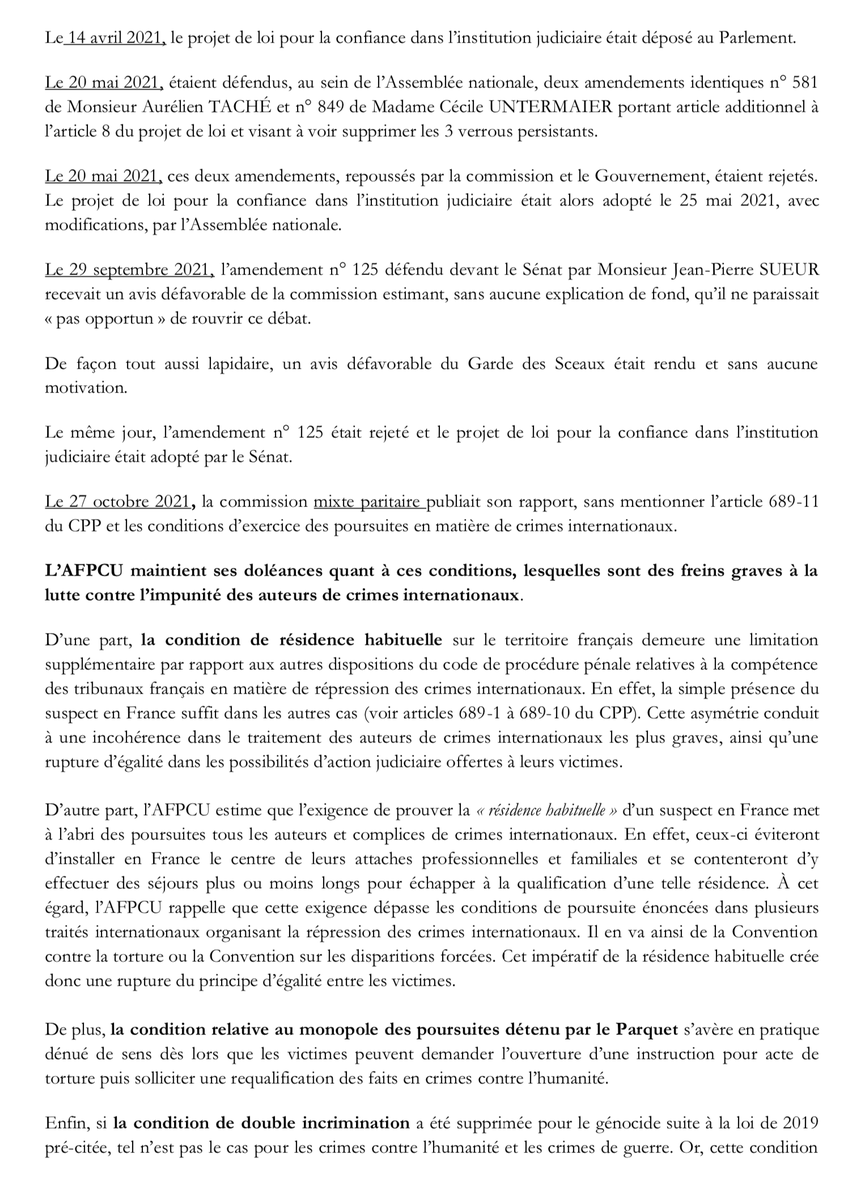 AFP_CU's tweet photo. Communiqué de l'#AFPCU relativement au projet de loi pour la confiance dans l'institution judiciaire et la poursuite des crimes internationaux @AssembleeNat @Senat @JP_Sueur @Aurelientache @E_DupondM https://t.co/EiWLF05Px7
