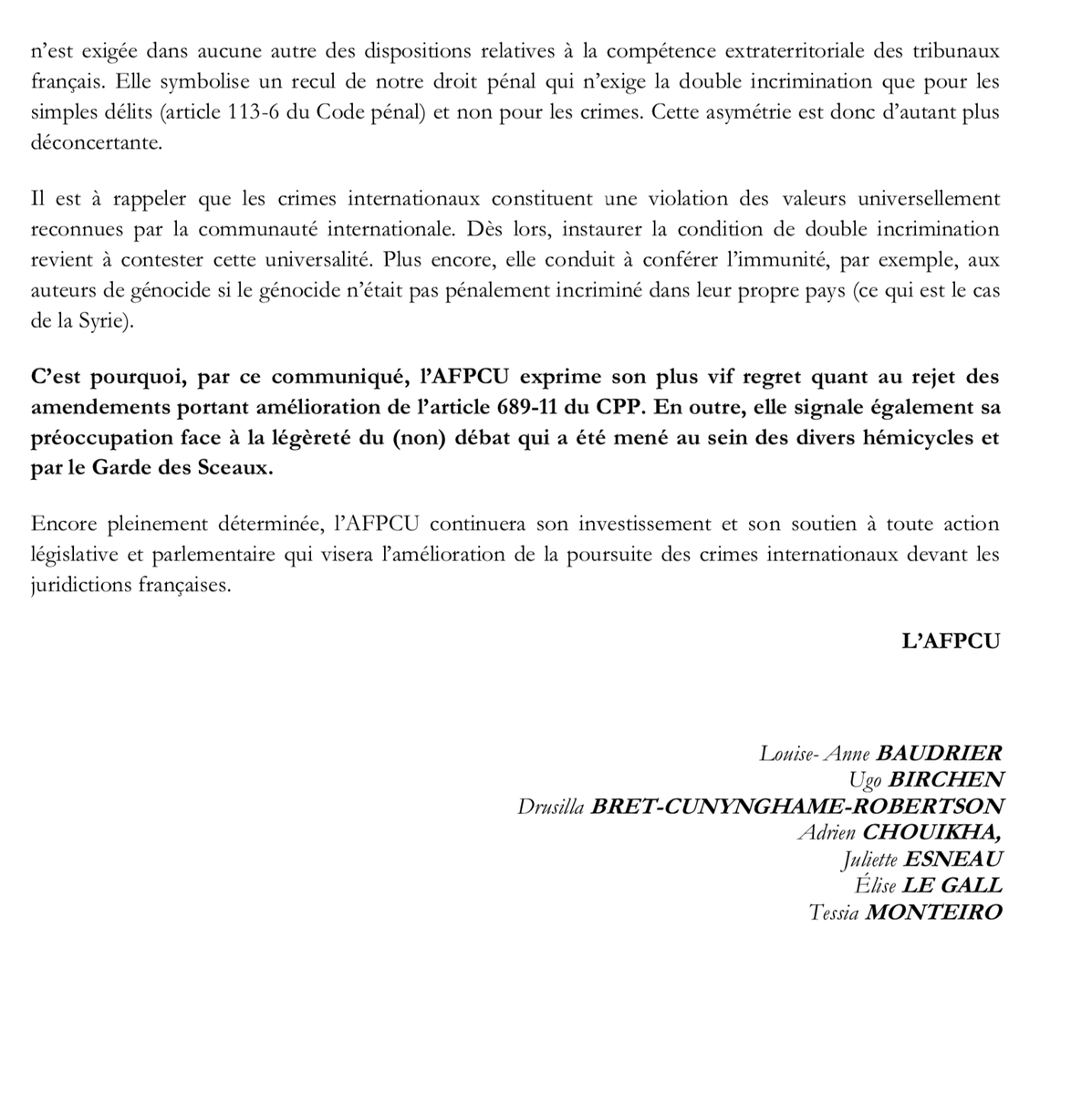 AFP_CU's tweet photo. Communiqué de l'#AFPCU relativement au projet de loi pour la confiance dans l'institution judiciaire et la poursuite des crimes internationaux @AssembleeNat @Senat @JP_Sueur @Aurelientache @E_DupondM https://t.co/EiWLF05Px7