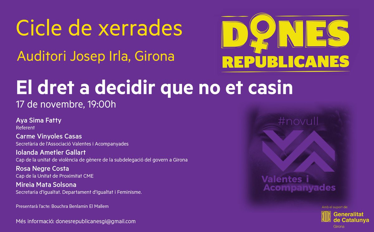 donesrep's tweet photo. ‼️ [RECORDATORI] Avui a les 19h celebrem la tercera xerrada del cicle que hem organitzat a l'Auditori Josep Irla, a l'edifici de la Generalitat a #Girona: 'El dret a decidir que no et casin'. 

Us hi esperem! 💛💜 https://t.co/2jKNlv2VDi