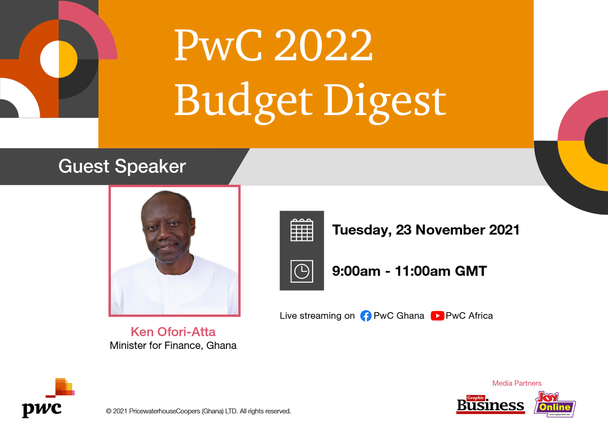 PwCGhana's tweet photo. We are honoured to have the Minister for Finance, Hon. Ken Ofori-Atta as our guest speaker at PwC’s 2022 Budget Digest Event.
More updates coming soon.
#PwCGhana #GhanaBudget #BudgetDigest #NationalBudget #Ghanaeconomy #TaxLaws https://t.co/ntcodKjf6k
