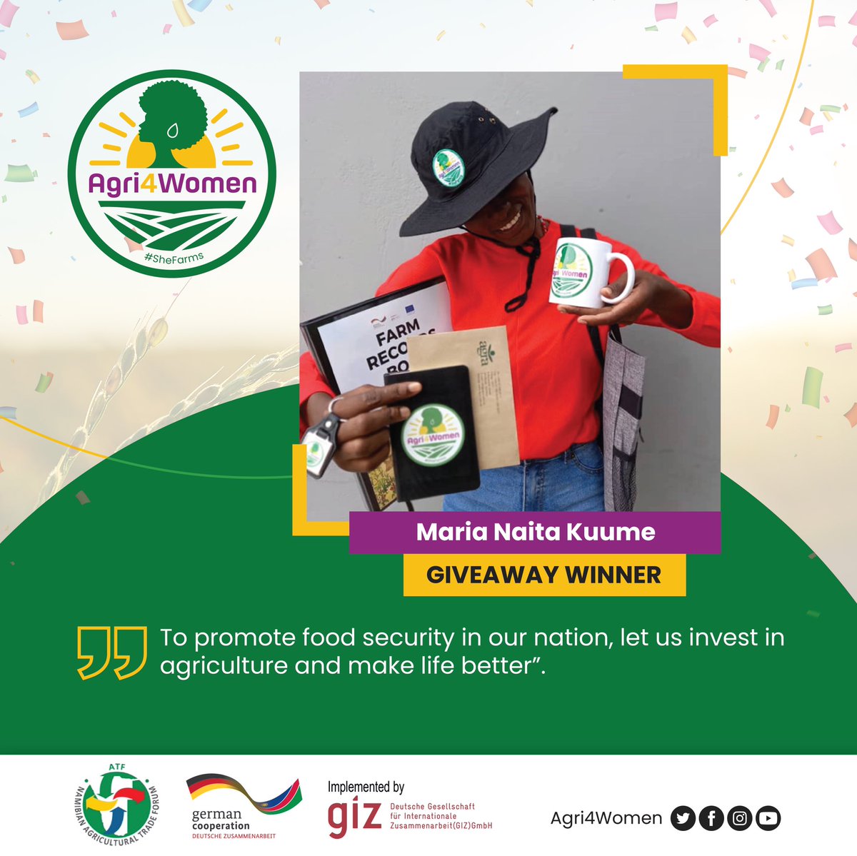 Agri4Women's tweet photo. ~ Maria Naita Kuume

Maria Naita Kuume is a final year student at the International University of Management (IUM) mmajoring in Entrepreneurship and Accounting. She came across the competition flyer on twitter and decided to partake since it was all about empowering women. https://t.co/pnKxIIxNzm