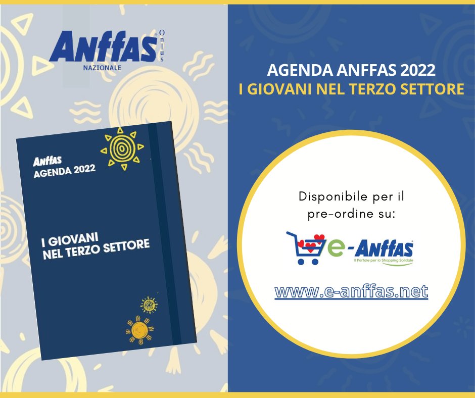 📣 Fuori finalmente l'Agenda #Anffas 2022 dal titolo "I Giovani nel Terzo Settore", rinnovata nella sua veste grafica❗️

Vuoi sostenere Anffas e fare un #regalo di Natale interessante❓ Pre-ordina l'Agenda su <a href="/e_Anffas/">e-Anffas</a> ➡️ e-anffas.net/anffas-onlus-n… 

ℹ Info: anffas.net/it/news/16431/…