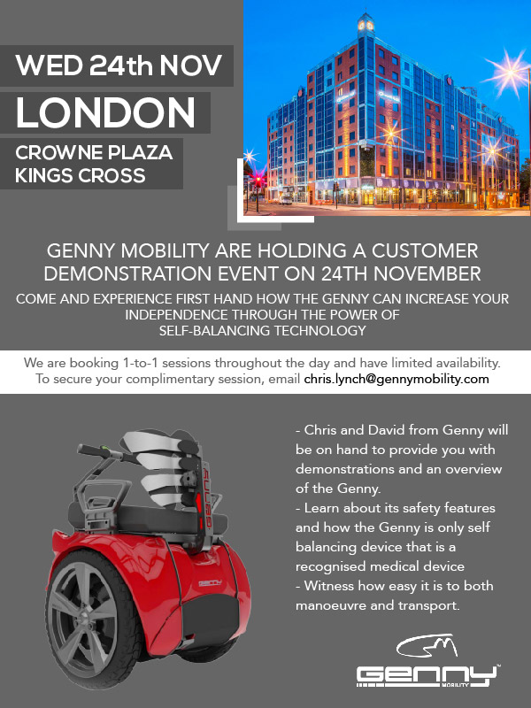 Genny demonstration event next Wednesday in London. This is a rare opportunity to get hands on with this amazing technology and try it yourself. If you'd like to book a 1 to 1 trial, drop us a PM or email. Limited places available. 
#wheelchair #gennymobility #genny
