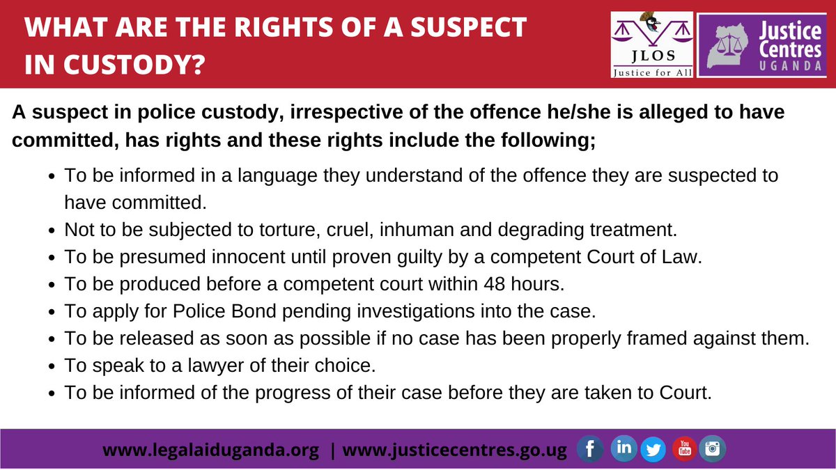 Justice_Centres's tweet photo. Here's what you need to know about suspect's rights and feel free to contact JCU if you have any queries or if there's someone you know in police custody that needs legal support.
#jcu #legalaiduganda https://t.co/FOTFaNN8kL