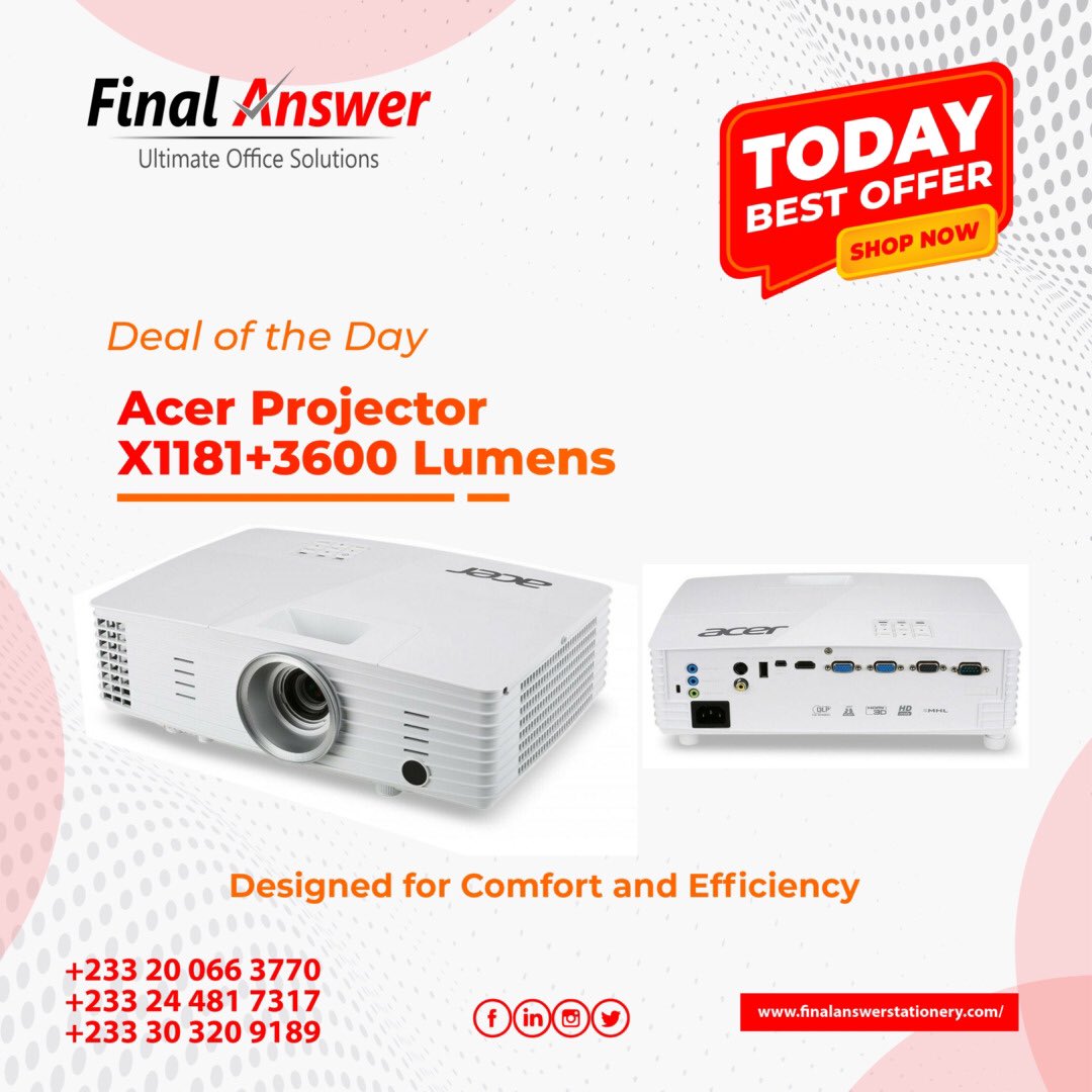 FinalStationery's tweet photo. The Acer X118H Acer projector is ideal for everyday use, at work or home. 

Make your presentations more compelling and entertainment more exciting.

#placeyourorder online via 🌐 https://t.co/dW0Bnqod2V and have it delivered at the comfort of your home

Nana Aba
Twene Jonas
Kidi https://t.co/ux4K31OF2M