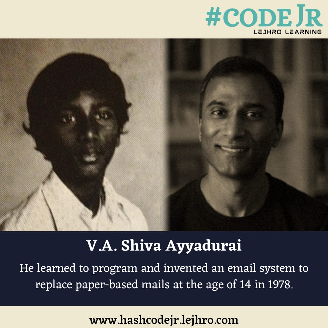 HashcodeJ's tweet image. V. A. SHIVA AYYADURAI is notable as a teenager he became &quot;inventor of email&quot;  in his early high school career✨.Your little kid 🧒 can learn programming 💻 and get the best out of their coding skills through our hashcodejr programs✅.
#coder #coderlife #codinglife #kids
