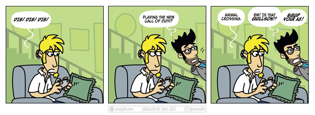 ARustyLife's tweet photo. New ARL #comic about #videogames. You can read it and all of my work on Instagram, Webtoon, https://t.co/WxWI7wSoaW or of course below. #callofduty #AnimalCrossing #AnimalCrossingNewHorizons #animalcrossingmemes #quillson https://t.co/f3PIKTZsJ7