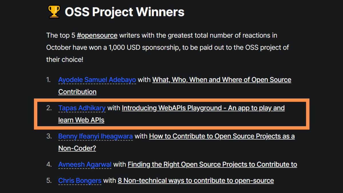 It goes to everyone who contributed to the webapis-playground project as part of the last hactoberfest 🔥. #OpenSource at its best.

Many congrats to @unclebigbay143 Benny @avneesh0612 @DailyDevTips1 and all of you who participated in @hashnode's October OSS initiative 🏆.