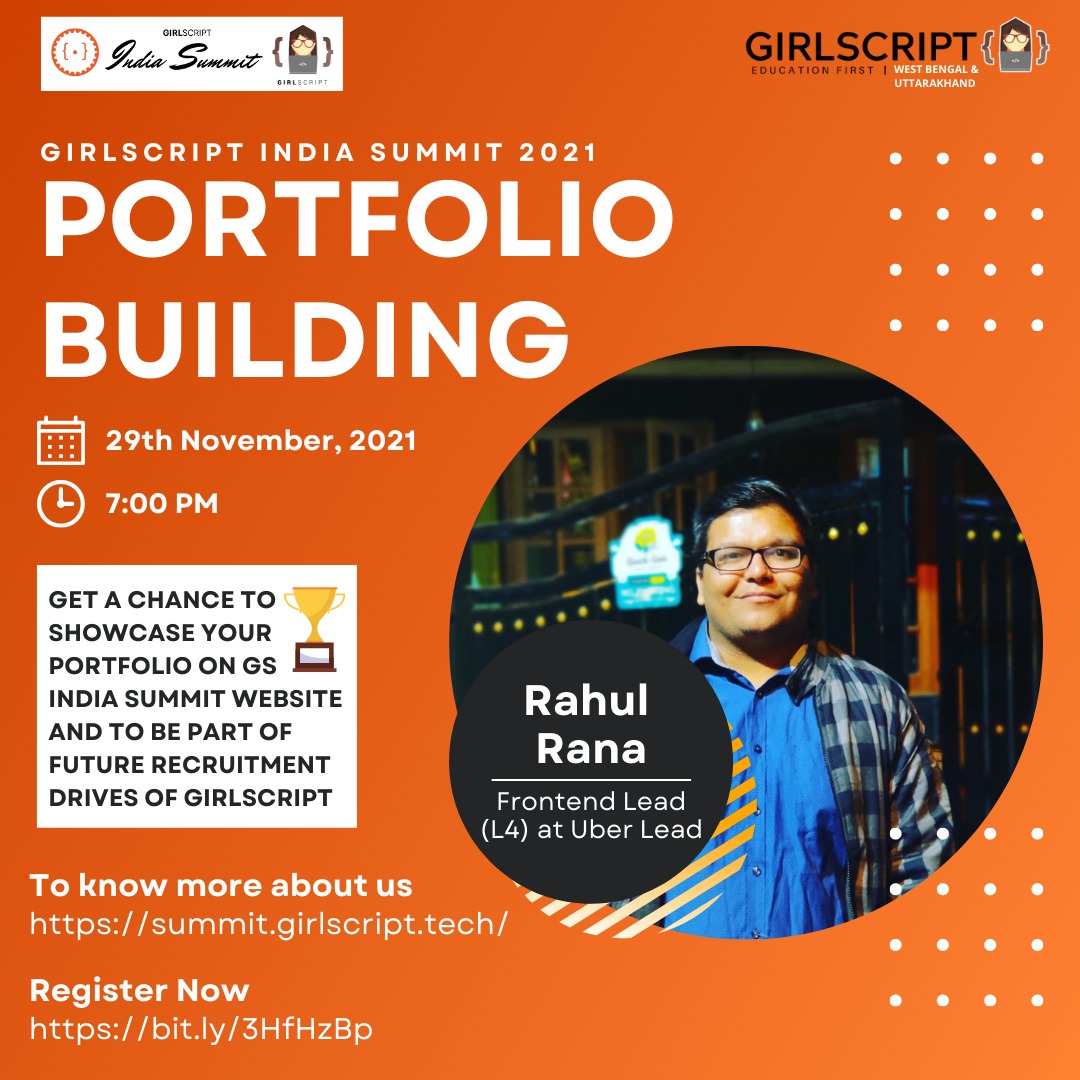girlscriptkol's tweet image. WB&amp;amp;UK Regional Summit Portfolio building session (29th Nov) taken by Rahul Rana( Front-end Lead at Uber Lead {Front-end Lead of CO Content (SDE-II)).
Register here:bit.ly/3HfHzBp
#HACK4WESTBENGAL&amp;amp; UTTARAKHAND
#gssummit2021 #girlscriptfoundation  #techfest   #learning