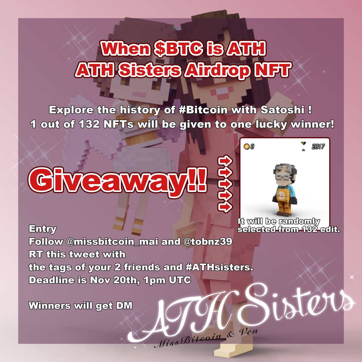 ath_sisters's tweet photo. $BTC がATHしたら
ATH Sisters がNFTをエアドロップ🥳

［Explore the history of #Bitcoin with Satoshi !］NFT 132枚中1枚を
抽選で1名様にプレゼント!!

応募条件
@missbitcoin_mai と@tobnz39をフォロー
 #ATHsisters と友達二人をタグ付けしてRT
締切は20日22時JSTまで

当選者はDMでお知らせ📢 https://t.co/4vTTLtwuUY