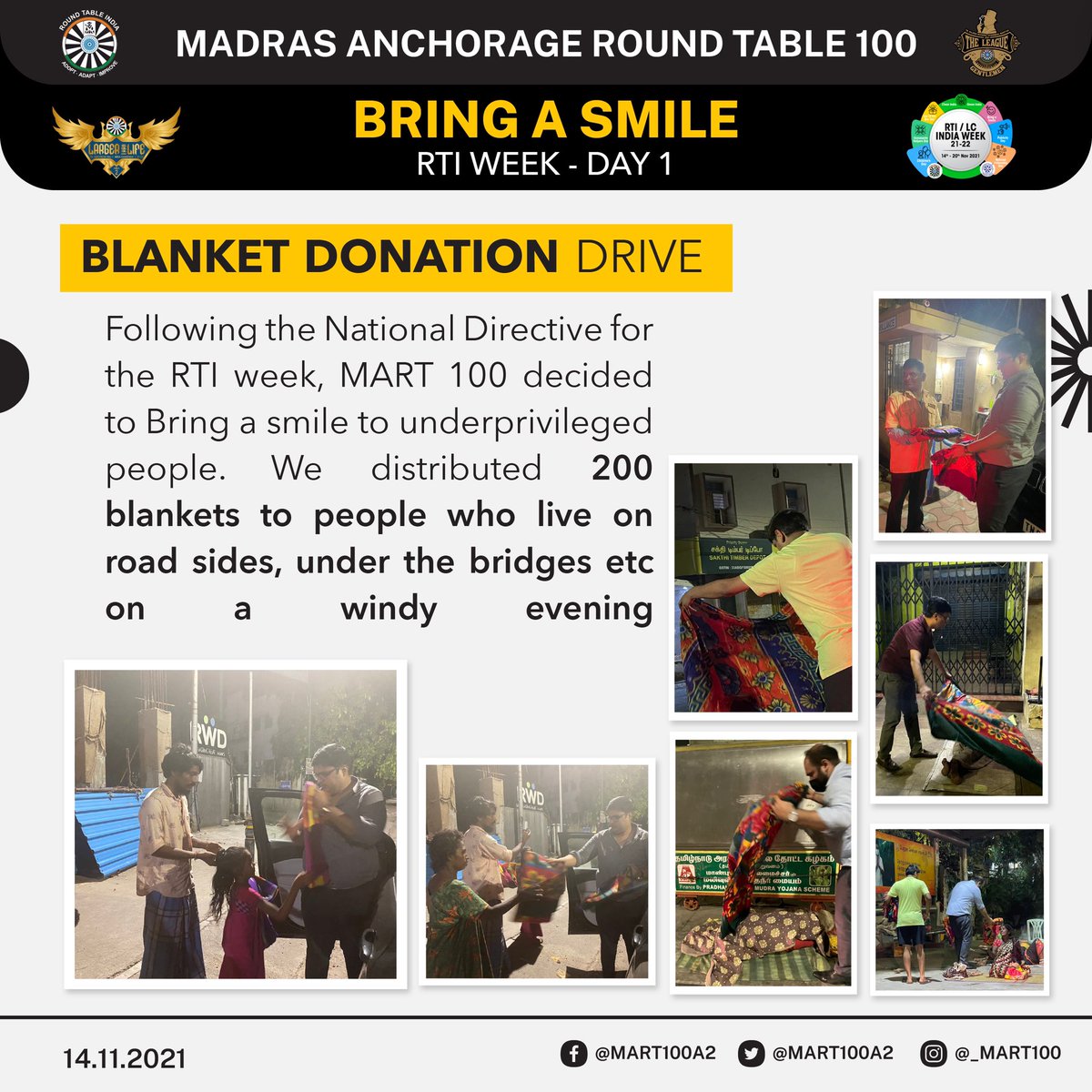 MART100A2's tweet photo. Bring a smile: Blanket Donation Drive

Following the National directive for the RTI week, MART 100 decided to Bring a smile to underprivileged people. We distributed 200 blankets to people who live on road sides, under the bridges etc on a windy evening
 #RoundTableIndia #MART100 https://t.co/DQgTIXsMLJ