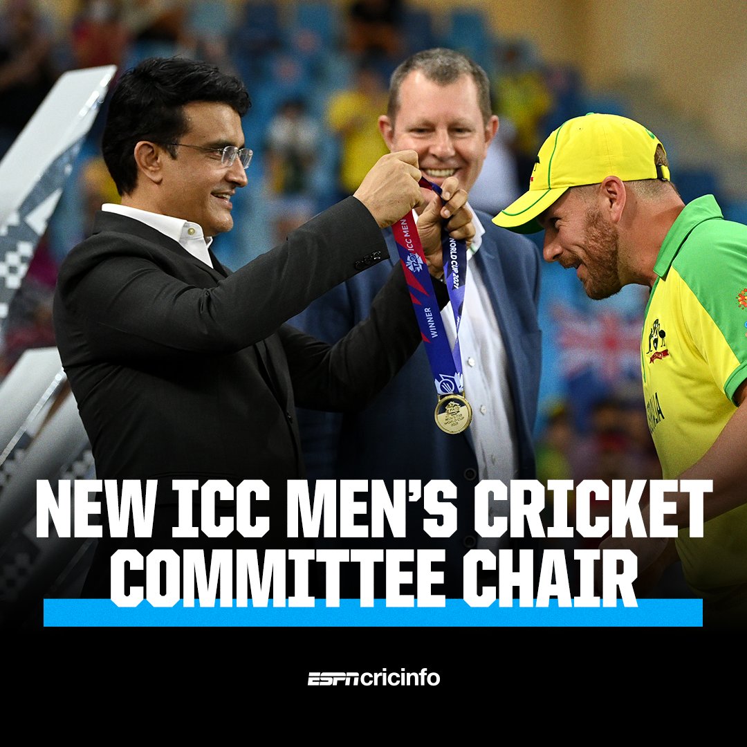 cricinfo's tweet photo. JUST IN: BCCI president Sourav Ganguly has been appointed as the chair of the ICC men’s cricket committee. He succeeds Anil Kumble, who stepped down after having served the maximum of three three-year terms https://t.co/srOrIVISWx