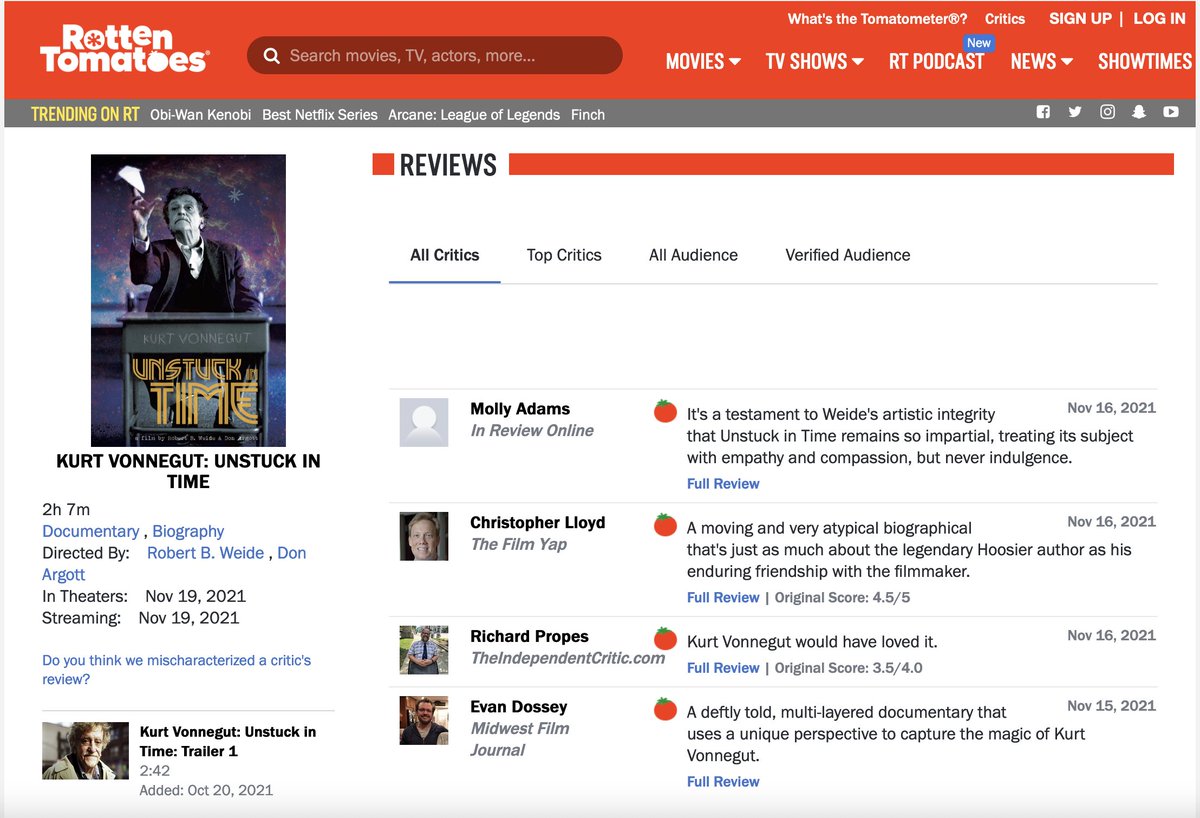 BobWeide's tweet image. I thought I&apos;d show off this image of the 100% Fresh rating for our @VonnegutDoc on @RottenTomatoes before someone crashes the party and lowers the score. If this isn&apos;t nice, what is? #KurtVonnegut #UnstuckInTime @IFCFilms