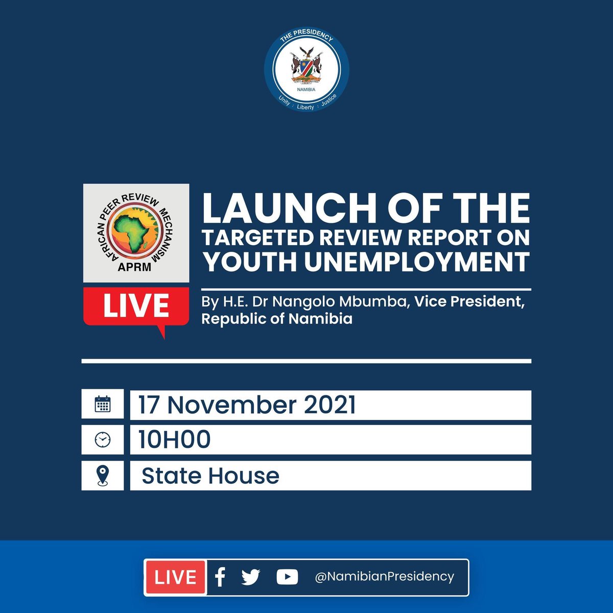 LennonMonyae's tweet photo. Today, Wednesday 17 November 2021, H.E. Dr Nangolo Mbumba, Vice President of the Republic of Namibia will Officially Launch the African Peer Review Mechanism APRM Targeted Review Report on Youth Unemployment in Namibia. 

Tune in live 
#APRMYouth
#TargetedReview https://t.co/wFZTLEYjP1