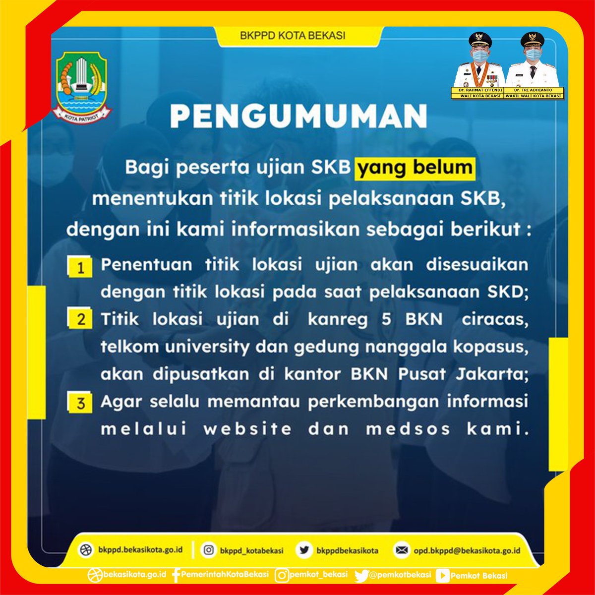 pemkotbekasi's tweet photo. Selamat Siang #PejuangNIP๐
.
Mimin sampaikan informasi bagi yang belum menentukan titik lokasi SKB.
.
Informasinya simak infografis dibawah ๐
.
@BKPPDBekasiKota
.
#KotaBekasi
#PejuangNIP
#CASN
#BKPPD
#Diskominfostandi https://t.co/0zOmcHwS2o