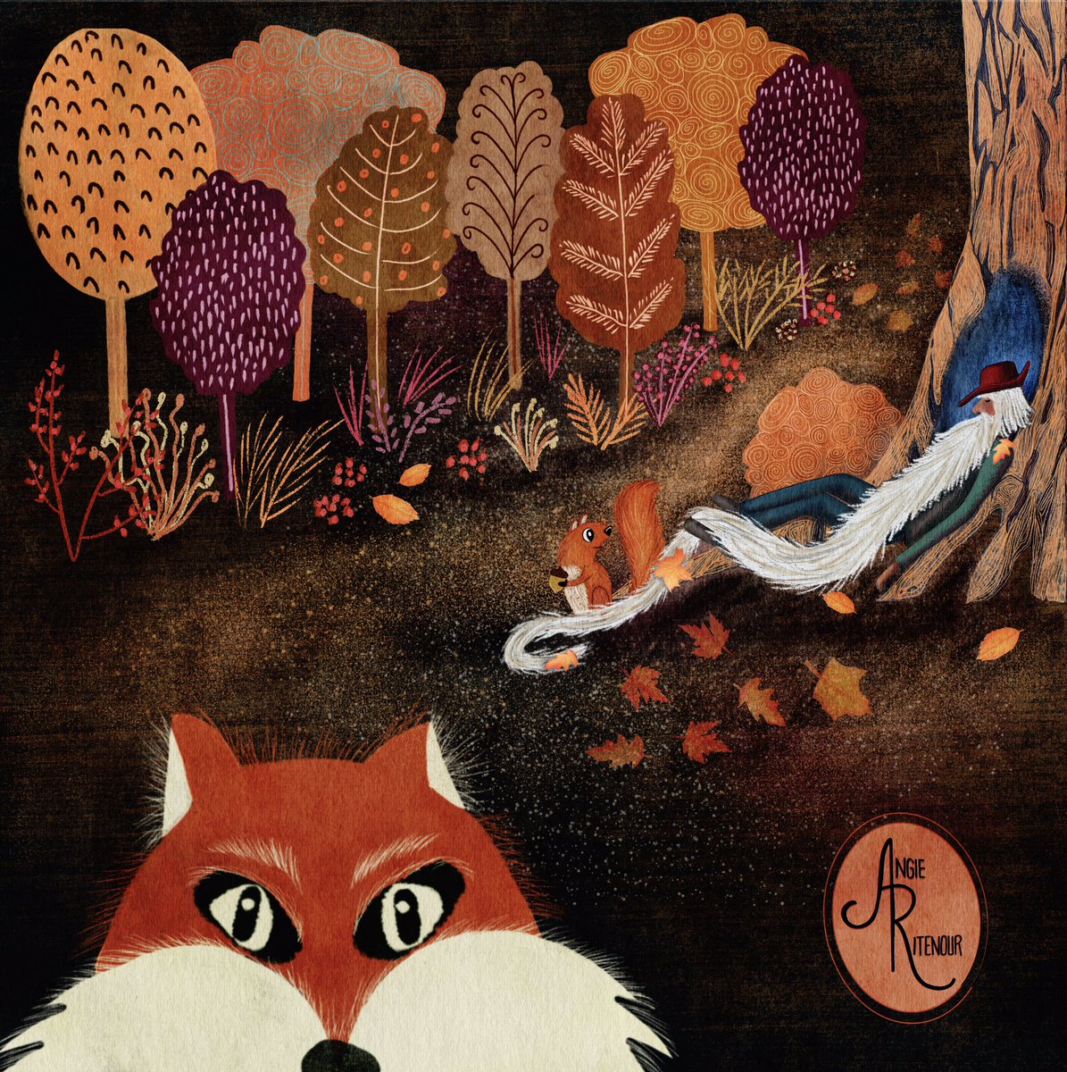 NinjaFoo's tweet photo. #FolkTaleWeek2021  The second prompt for Folktale Week is #dream 
I chose to illustrate a fall scene of  Rip Van Winkle, snoozing deep in the forest, among the curious forest animals.
#kidlitart #scbwi #scbwimichigan  #mixedmedia #storytelleracademy #kidlitartist #folktaleweek https://t.co/FqTT5tqkff