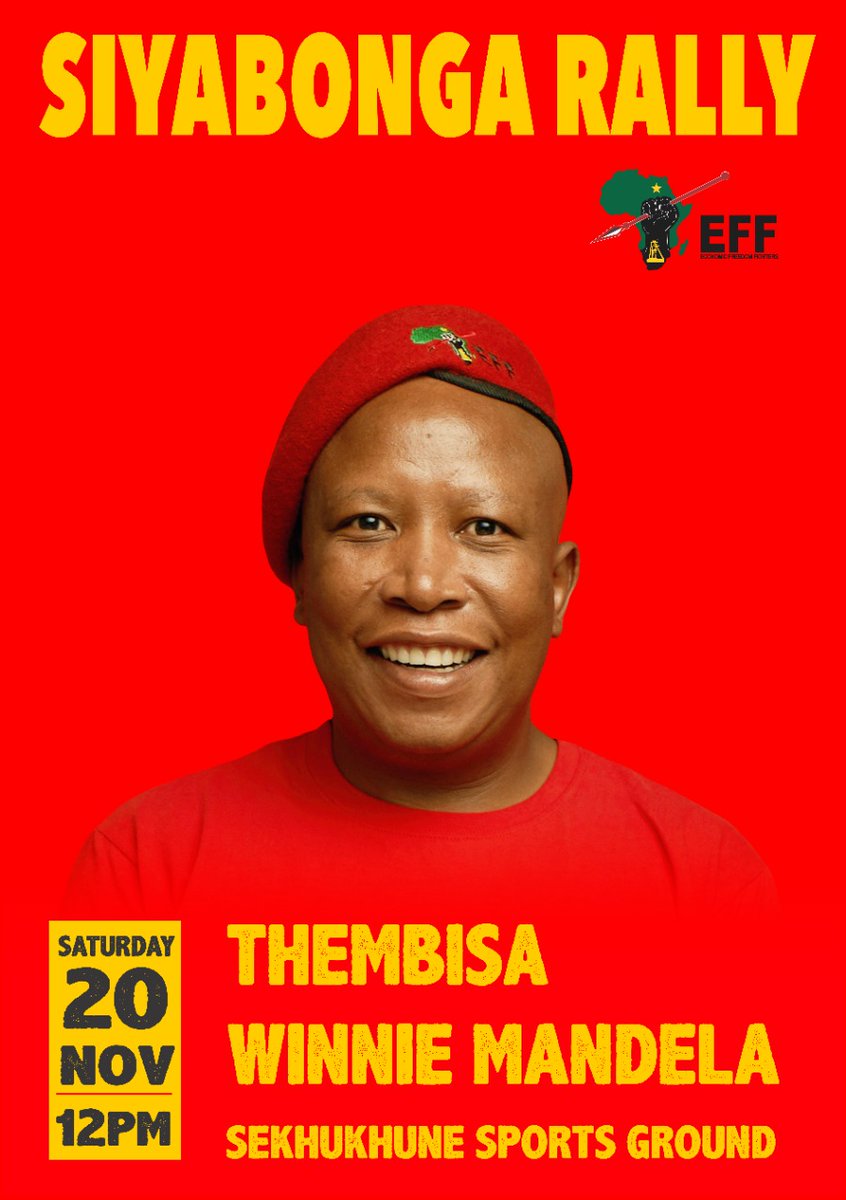 EFFSouthAfrica's tweet photo. [3 DAYS TO GO]: We invite all our people to yet another festival of the poor, to be addressed by CIC @Julius_S_Malema

We will also be slaughtering cows as thanksgiving to our people
following the successful LGE which has seen positive electoral growth for EFF. #EFFSiyabongaRally https://t.co/ddQWkW14ki