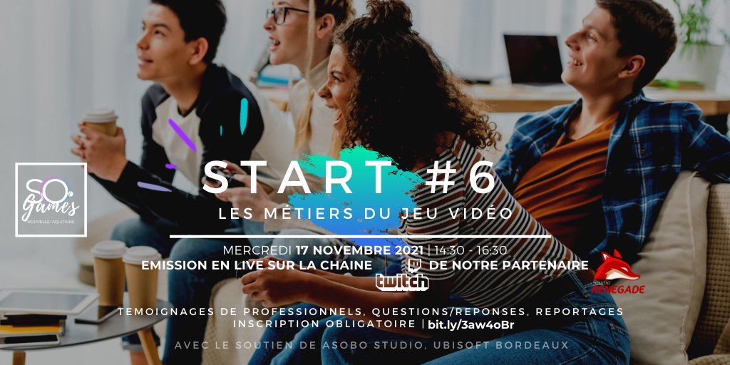 NvelleAquitaine's tweet photo. [#Jeunesse] #START6, RDV à 14h30 pour découvrir les #métiers du "JeuVidéo ! 🎮
L'association @SO_Games_NA propose ce RDV 100% digital aux collégiens et lycéens.

#NouvelleAquitaine #start #SoGames #orientation @InfoJeunesNA @ODMbdx @Nv_Fest

 https://t.co/V6jAiRvpVQ https://t.co/4JVheK7iKw