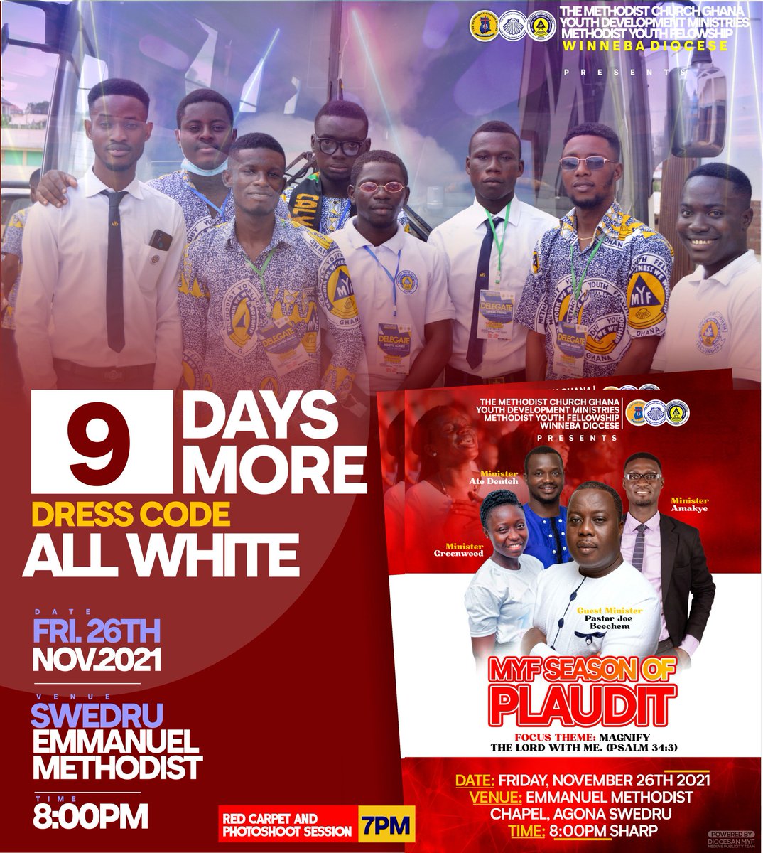 WinnebaM's tweet photo. Its the "MYF SEASON OF PLAUDIT" with Pastor Joe Beechem
9 DAYS MORE.... YOU CAN'T AFFORD TO MISS THIS!!!!*🔥🔥🔥🔥

DRESS CODE: ALL WHITE*

You're invited...
#ProudMethodist 
#ProudMYF 
#WinnebaDioceseMYF https://t.co/sv4rbKxhKN