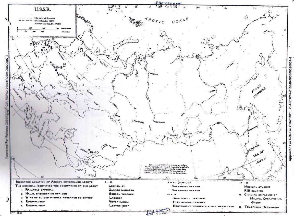 ChekistMonitor's tweet photo. A top secret #CIA map declassified in 2004. "Indicates Location of Agency Controlled Agents" in the USSR in 1956. Out of the total number of 20, most were based in the Baltic states, but there were 2 in Moscow. A medical student &amp; a Russian Intel Service courier. #spies https://t.co/JuMHfGfmvz