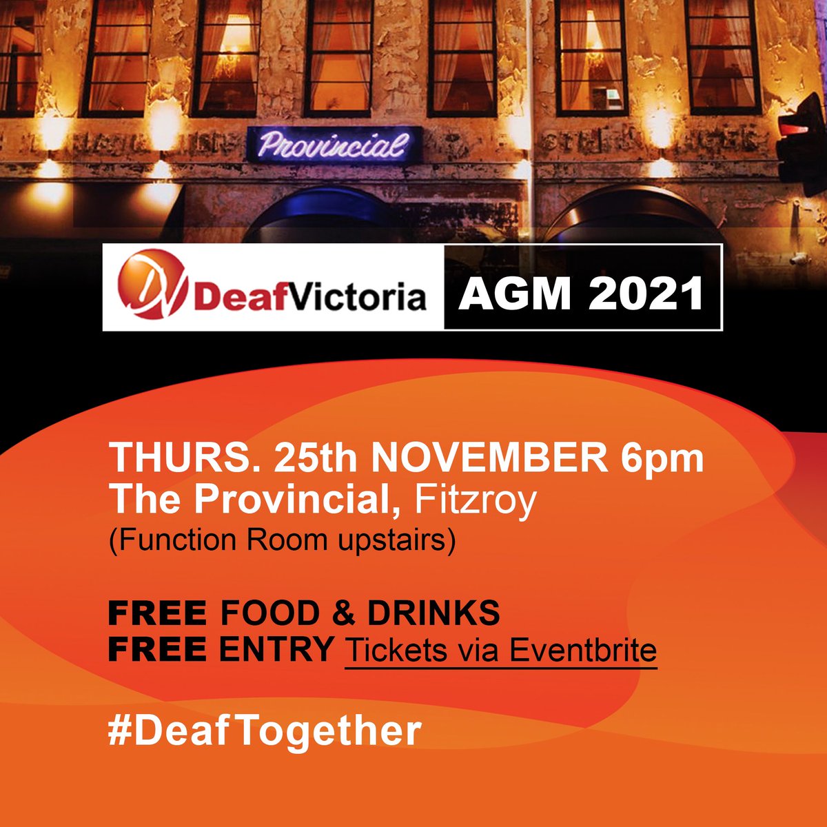 Join us at our 39th Annual General Meeting (AGM) and celebrate #DeafTogether at The Provincial, Fitzroy! Tickets from eventbrite.com.au/e/deaf-victori…