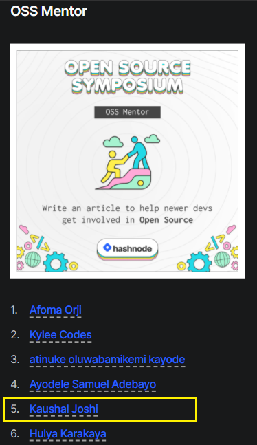 clumsy_coder's tweet image. I won the Open Source Symposium organized by 
@hashnode 🤩

Earned a badge &apos;OSS Mentor&apos; for my Hashnode profile 👨‍💻

#Hashnode #HashnodeCommunity #OpenSource #DEVCommunity
