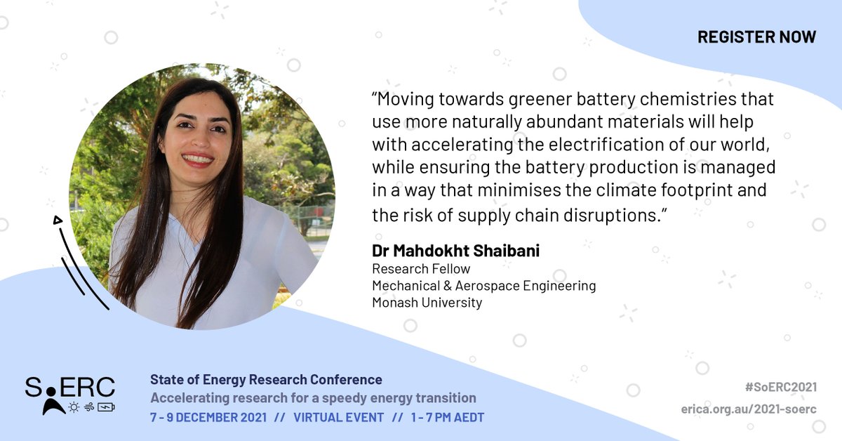 Monash Energy Institute (@monashenergy) on Twitter photo Join <a href="/MahdokhtShaiban/">Mahdokht Shaibani</a> at #SoERC2021 on 08/12 to hear about the 'Effect of disruptive #battery #technologies on #materialresource availability'!
👉Register: bit.ly/3kIZPtb
📝Bio: bit.ly/3FrDgBk
🔍More: bit.ly/3qKkkcB
<a href="/MonashUni/">Monash University</a> <a href="/monashengineers/">Monash Engineering</a> #energy Join <a href="/MahdokhtShaiban/">Mahdokht Shaibani</a> at #SoERC2021 on 08/12 to hear about the 'Effect of disruptive #battery #technologies on #materialresource availability'!
👉Register: bit.ly/3kIZPtb
📝Bio: bit.ly/3FrDgBk
🔍More: bit.ly/3qKkkcB
<a href="/MonashUni/">Monash University</a> <a href="/monashengineers/">Monash Engineering</a> #energy
