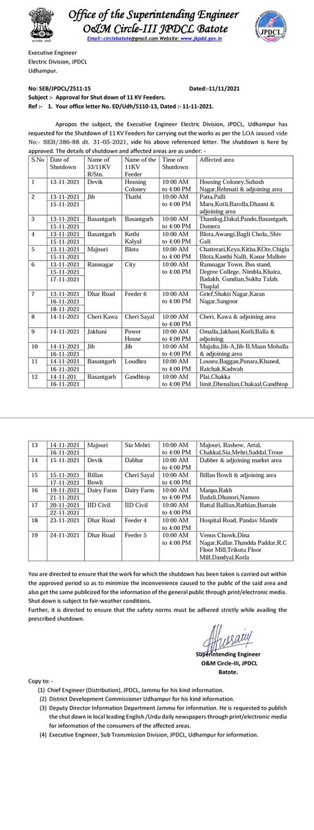 Power shutdown Schedule <a href="/pddjkofficial/">Power Development Department, J&K</a> <a href="/kansalrohit69/">Rohit Kansal</a> <a href="/drtahirfirdous/">Dr. Tahir Firdous</a> <a href="/JPDCLofficial/">Jammu Power DISCOM</a> <a href="/ChiefJammu/">Chief Engineer Distribution, JPDCL Jammu</a> <a href="/udhadm/">DC Udhampur</a>