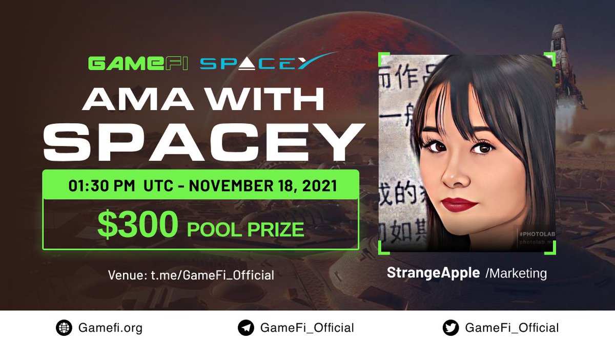 GameFi_Official's tweet photo. 🛸Another great AMA is on the way 
This time we will meet @spacey2025 at:
🪐Time: 1:30 PM UTC, Nov 18 
🪐Reward: $300

Rules:
▪️ Follow @GameFi_Official &amp; @spacey2025
▪️ Like &amp; Retweet &amp; drop ONE question  
▪️ Join https://t.co/VcoCPMaWS0

 $GAFI #GameFi $SPAY https://t.co/PIadlh7wud