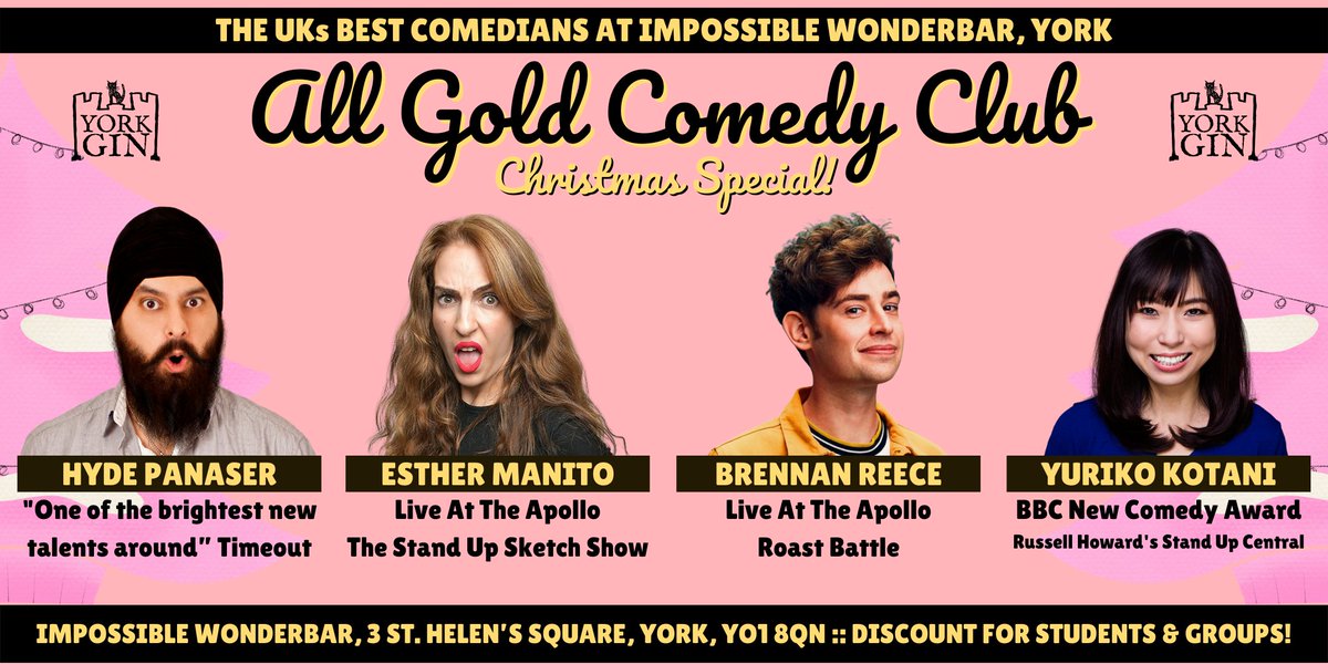 noddogcomedy's tweet photo. YORK!

Christmas laughter aplenty at ALL GOLD COMEDY CLUB at @ImpossibleYork with @yorkgin!

Not just one but TWO acts from LIVE AT THE APOLLO!

Starring @BrennanReece @esther_manito @HydePanaser and @YurikoComedy!

Tickets here: https://t.co/aM6yislMRh

#york #whatsonyork https://t.co/YvPuQmmYEC