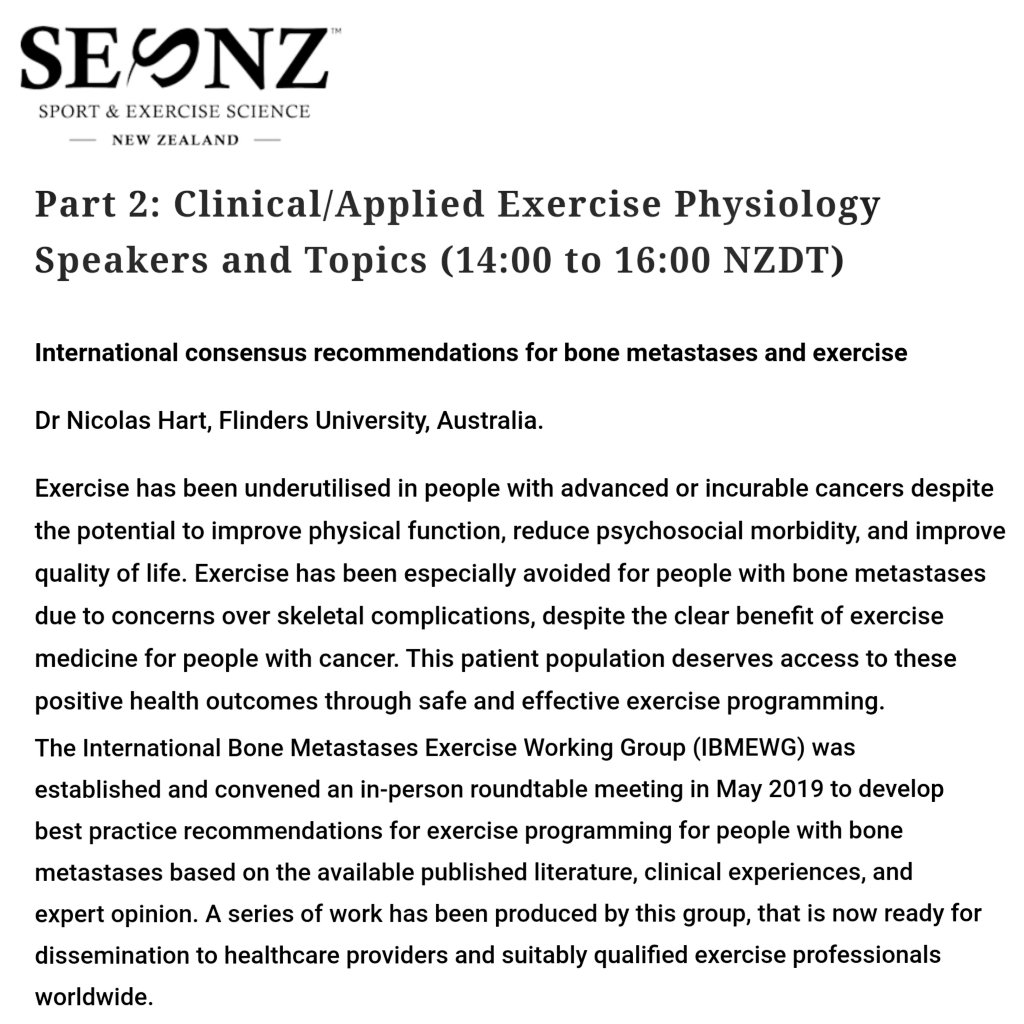 DrNicolasHart's tweet image. Looking forward to presenting the main outcomes of our roundtable - as a keynote speaker, virtually to @SportExSci_NZ (2021).

Exercise for with bone metastases: recommendations for exercise professionals and healthcare providers.

#ExOnc #SurvOnc @FlindersCFI @SurvOnc @Flinders