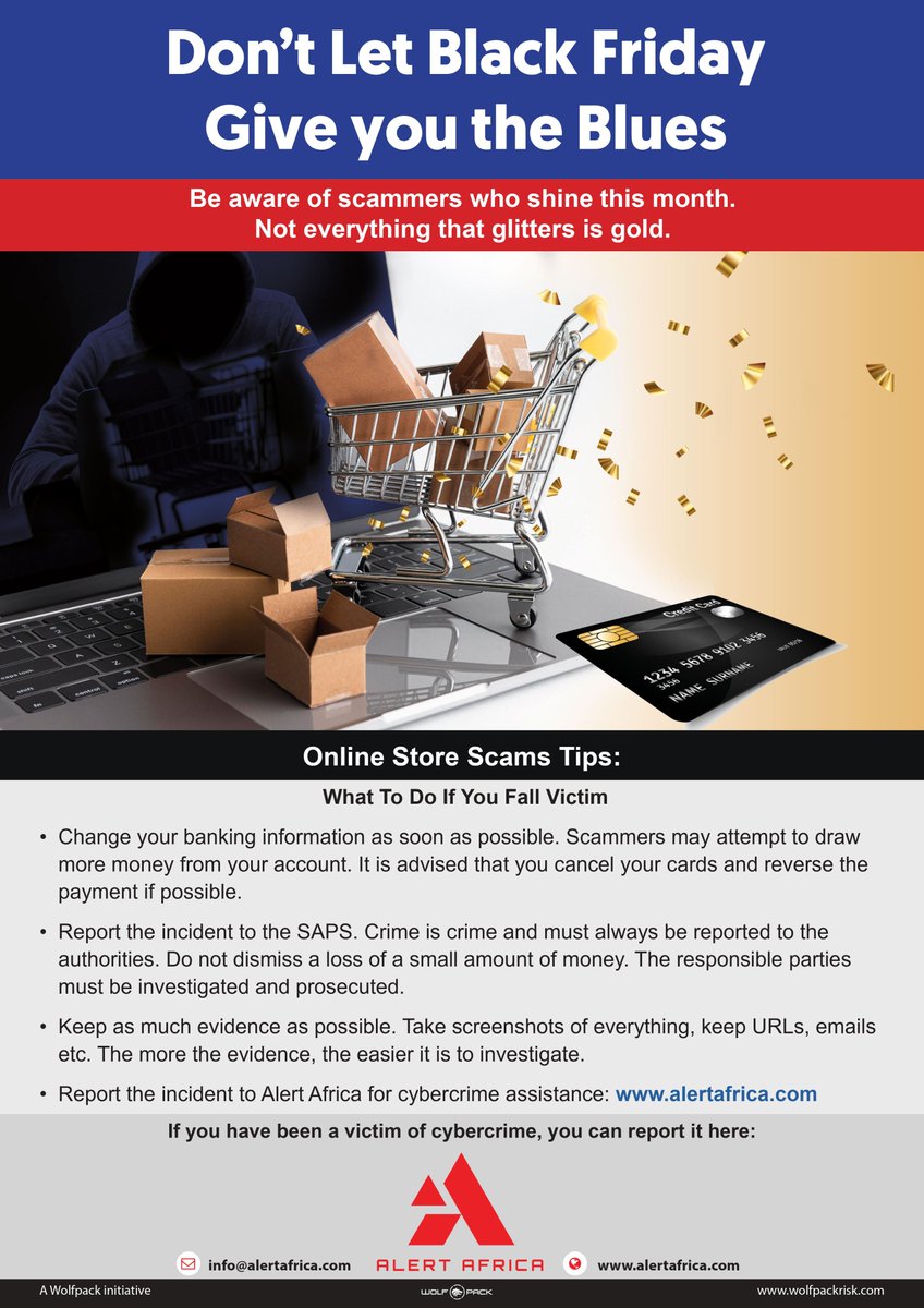 AlertAfrica's tweet photo. There will be massive discounts this month, leaving some people vulnerable to scams. Shop safe, and don’t let the black Friday shopping frenzy cause you to fall into the abyss.
#protectioninthepack #blackfriday #onlinestorescams https://t.co/7wtTA7D3zq