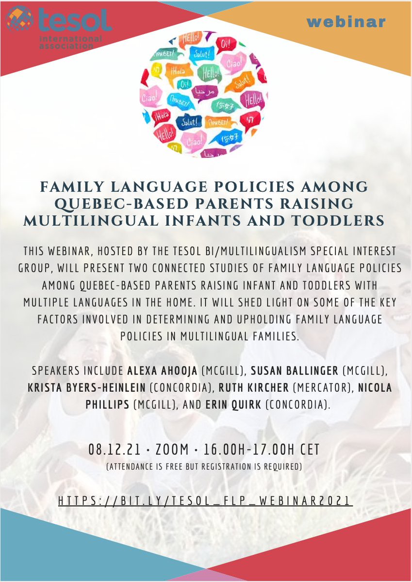 On 8th December at 16h CET / 10h ET, Mercator researcher @ruth_kircher & her colleagues from @Concordia & @mcgillu will present their work on #FamilyLanguagePolicy in #multilingual families in a Zoom webinar, hosted by @TESOLBiMulti! You can register here: bit.ly/TESOL_FLP_Webi…