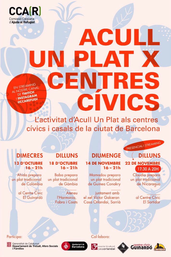 CCARefugi's tweet photo. Primera jornada presencial "Acull Un Plat" i última de l'any! 😋🫓 Te la perdràs? 
Apunta't a l'enllaç per assistir i gaudir de la cuina nicaragüenca de la Claudia al @CCElSortidor 🇳🇮💚
https://t.co/VkBgFd9VCV
#AcullUnPlat #LaCuinaNoTeFronteres #DefensemlAsil https://t.co/x5iIppVLLP