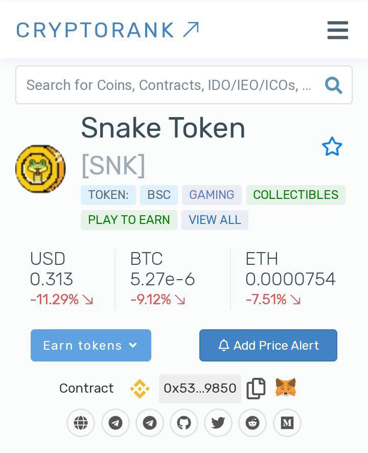 ✅#SNK #SNAKE token listed on #Cryprorank. 

Good news, isn't it? 🙃

Go and check it out here 👉cryptorank.io/price/snake-to…
#Cryptosnake #bsc #GameFi #PlayToEarn