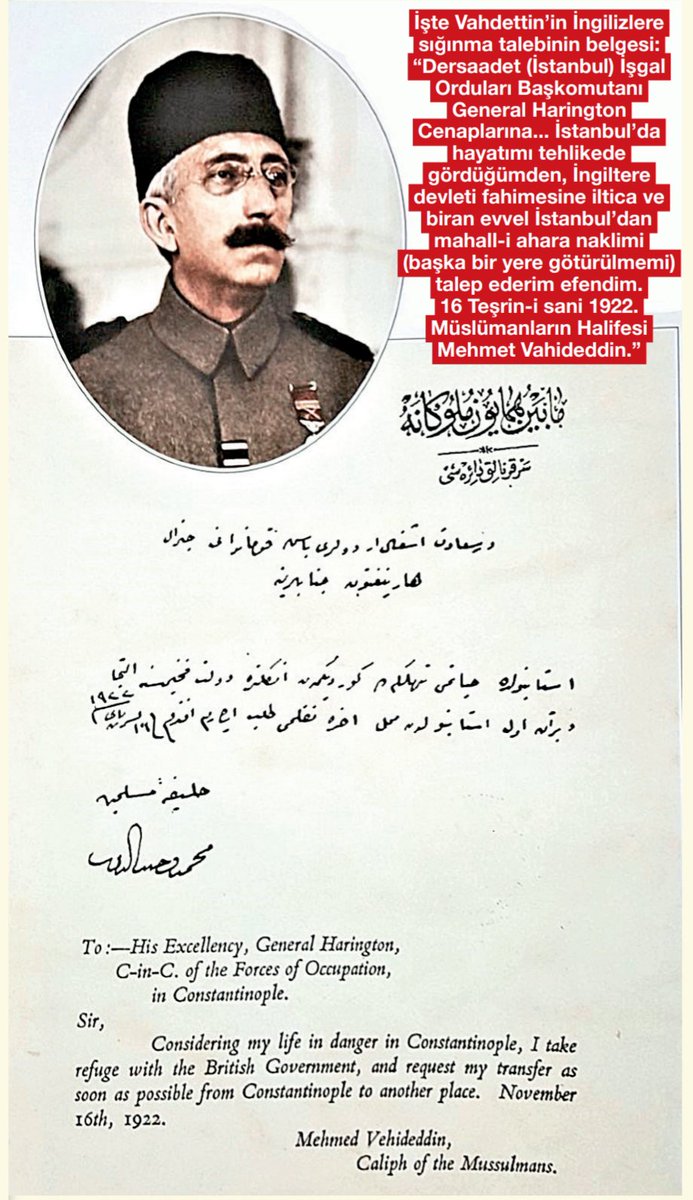 SMEYDAN's tweet photo. Dikkat, yalan haber! 

Vahdettin sürgün edilmedi. Vahdettin, 16 Kasım 1922'de İstanbul'daki İngiliz İşgal Kuvvetleri Komutanı Harington'a yazdığı aşağıdaki mektupla İngiltere'ye sığındı. 17 Kasım 1922'de İngiliz gemisi Malaya ile ülkeden KAÇTI.

https://t.co/1faW8fvL5x https://t.co/toJ3hnQDsr