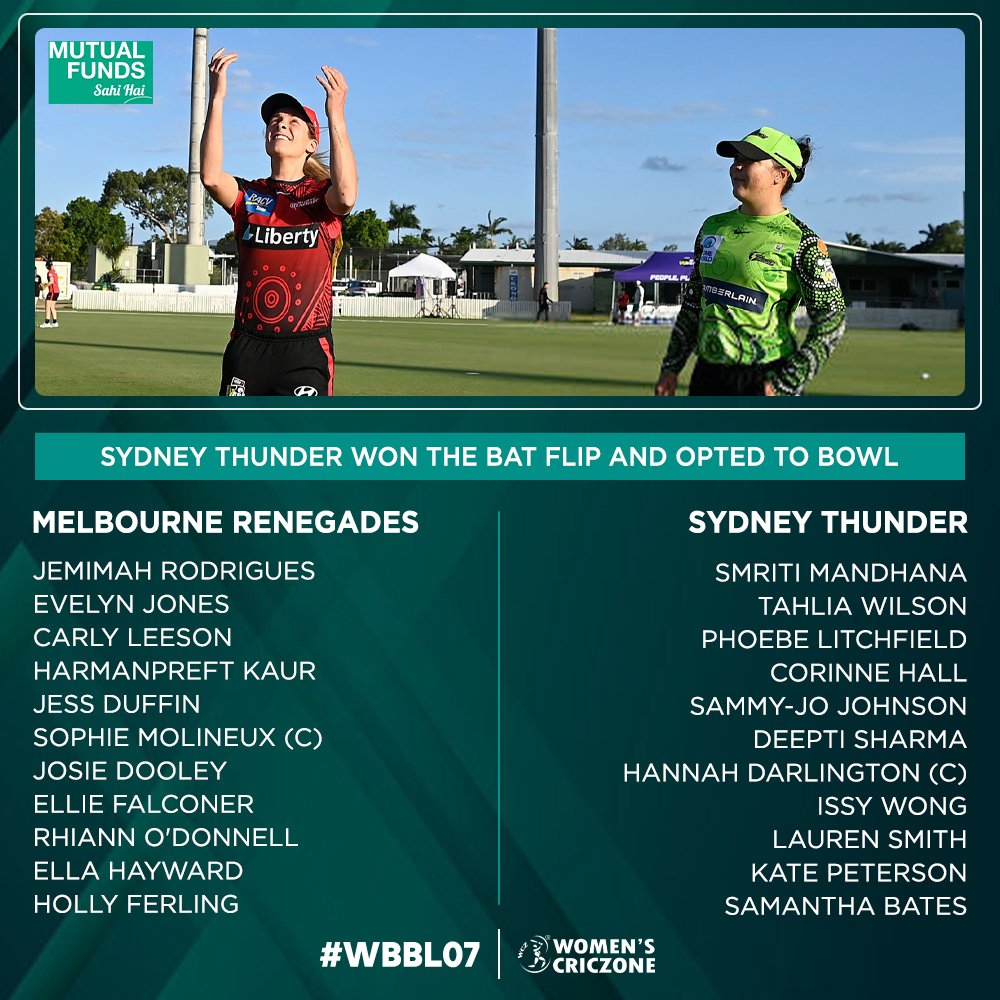WomensCricZone's tweet photo. BAT FLIP: Sydney Thunder have won the bat flip and opted to bowl first.
The last time these two sides faced each other, Jemimah Rodrigues and Smriti Mandhana both scored half centuries🏏
Will there be more fireworks today❓
#WBBL07 #STvMR | @MFSahiHai https://t.co/0NxcxybVna